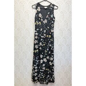 H&M Conscious Floral Maxi‎ Dress Womens 6 Black V-Neck Sleeveless Mesh Overlay